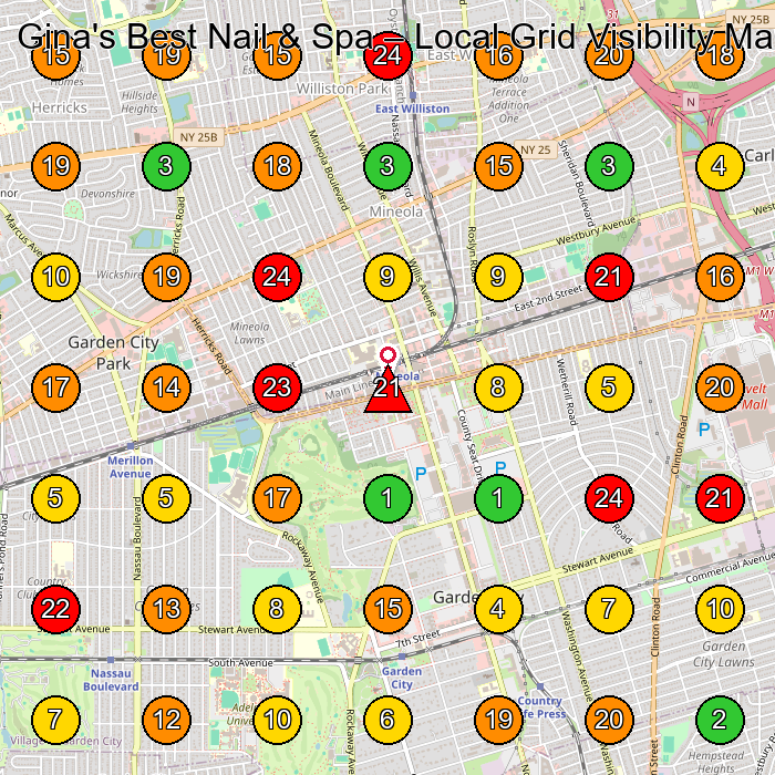 Gina's Best Nail & Spa Nail Salon GeoGrid ranking map for Mineola NY